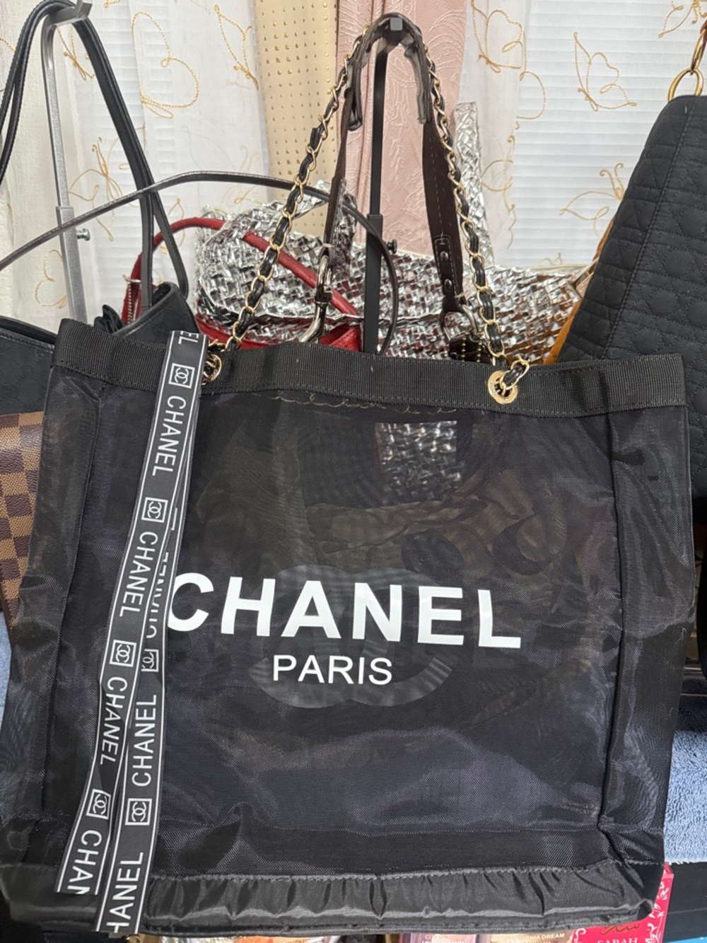 CHANEL Black White Mesh Tote Bag